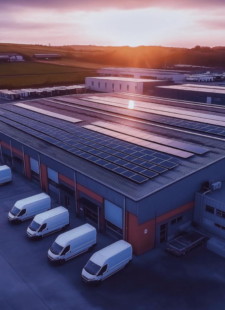 Luftaufnahme einer Lagerhalle mit Solarzellen auf dem Dach, weißen Lieferwagen und Feldern bei Sonnenuntergang im Hintergrund.