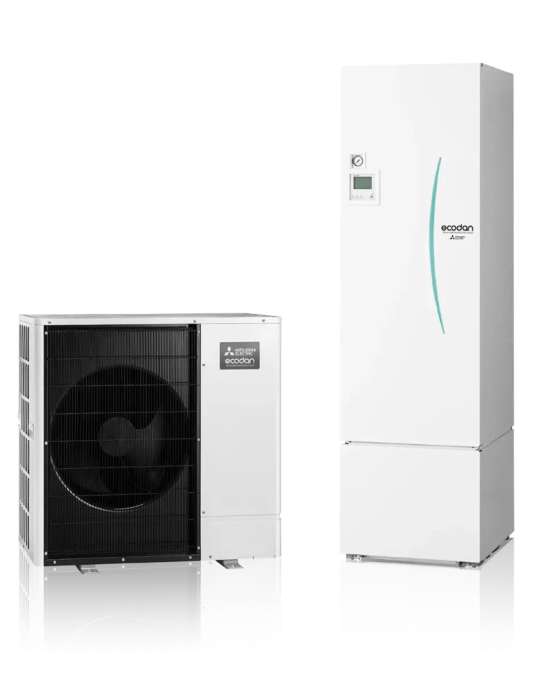 Mitsubishi Ecodan-Luftwärmepumpe: schwarz-weißes Außengerät mit Ventilator, hohes Innengerät mit Digitalanzeige.